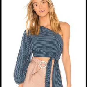 Mara Hoffman one shoulder wrap crop top in blue stripes